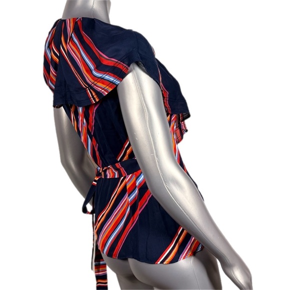 Tory Burch | Adelia Wrap Top Red and Blue Ruffled Shoulder Tie Side Blouse - Picture 5 of 14